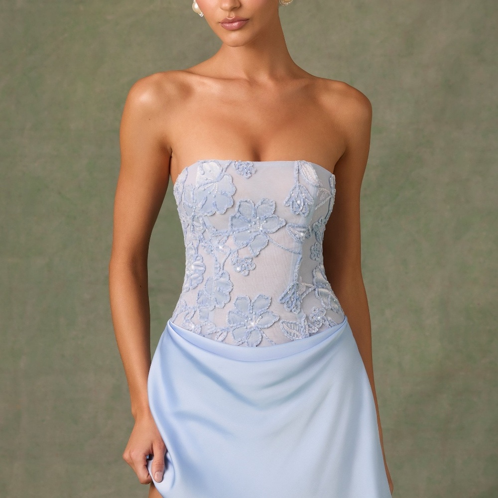 Oh Polly Embellished Draped Strapless A-Line Mini Dress in Sky Blue 4